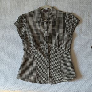 Womens Plaid Button Up with Cute Capped Sleeves & Flattering Ruching